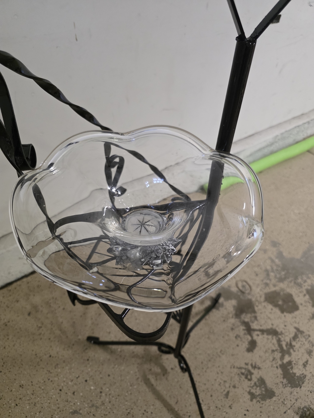 Murano Clear Heart Glass Bowl on Black Metal Stand
